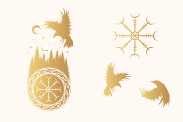 Golden Viking symbols isolated set. Scandinavian celestial vector illustration with ravens, vegvisir  and celtic ornament for print, web and t-shirt design