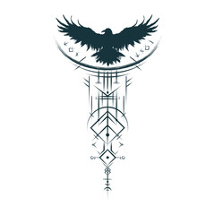 Viking symbols and runes vector illustration for tattoo, print and web design.  Hand drawn  vegvisir and raven isolated on white background. Scandinavian style