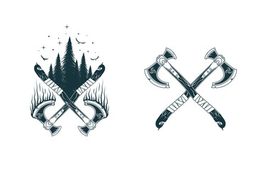 Viking symbols isolated set. Two Scandinavian vector illustrations of crossed axes, raven, stars and trees for print, tattoo, web and t-shirt design