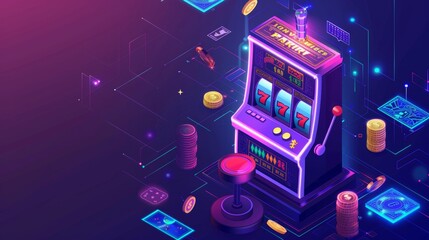 Isometric one-armed bandit landing page. Online casino gambling house with 777 number jackpot. Gaming industry business, fun 3D modern illustration.