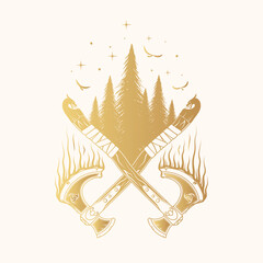 Golden silhouettes  of Viking symbols isolated on white background. Scandinavian celestial  vector illustration of crossed axes, raven, stars and trees for print, web and t-shirt design