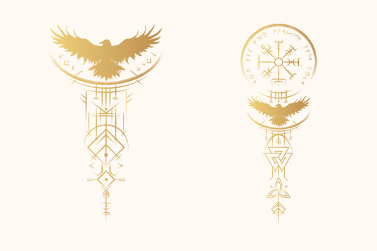 Golden Viking symbols. Two hand drawn design elements with vegvisir, valknut, triquetra and raven isolated on white background. Scandinavian vector illustration.