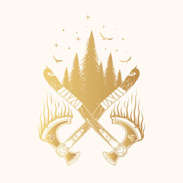 recommend clip art: Golden silhouettes  of Viking symbols isolated on white background. Scandinavian celestial  vector illustration of crossed axes, raven, stars and trees for print, web and t-shirt design
