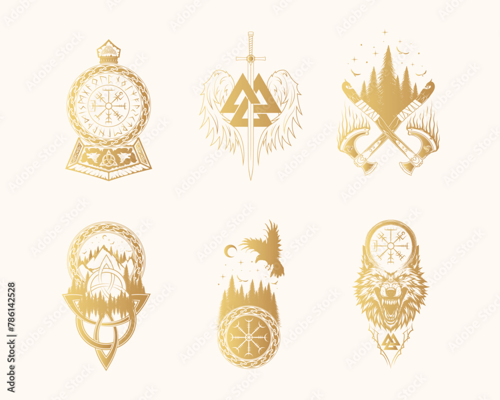 Poster six scandinavian vector illustrations with viking symbols and runes isolated on white background. go