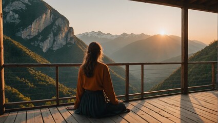 Picture from the back of a woman sitting on wooden porch extending into a high mountain cliff. The sun is setting on the mountain and there is a beautiful warm orange light. The traveling background. - Powered by Adobe