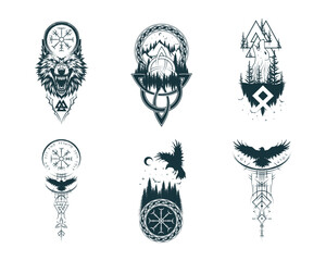 Six Scandinavian vector illustrations with Viking symbols and runes isolated on white background. Hand drawn collection of pagan norse sign vegvisir, triquetra, valknut, fenrir and ravens for tattoo, 