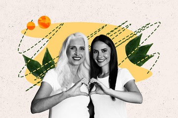 Picture collage of two cheerful charming women celebrating international women day isolated on drawing background