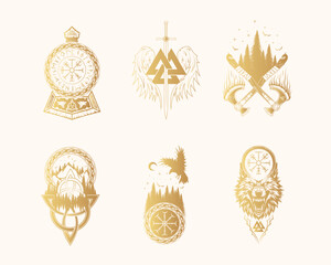 Six Scandinavian vector illustrations with Viking symbols and runes isolated on white background.  Golden hand drawn collection of pagan norse sign vegvisir, axes, triquetra, valknut, fenrir and raven