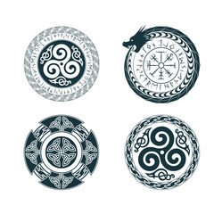 Viking round shields  with celtic ornaments, runes and symbols isolated set. Vector engraving illustration. Hand drawn design element for poster, tattoo and web design