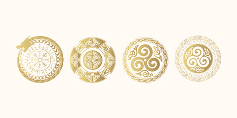 Golden Viking round shields  with celtic ornaments, runes and symbols isolated set. Vector engraving illustration. Hand drawn design element for poster and web design