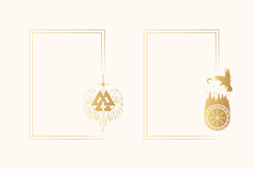 Hand drawn golden rectangular frames with pagan norse valknut and sword, vegvisir and raven. Celestial  borders with Viking symbols for cards, covers and invitations. Scandinavian  vector illustration
