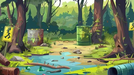 Modern cartoon illustration of an encroaching swamp with a wastewater pipe, toxic waste containers and warning signs. Environment pollution, global ecology issue. A forest and marsh, littered with - obrazy, fototapety, plakaty