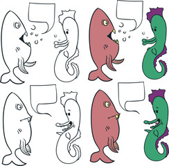 A cartoon fish and a seahorse are communicating about something. - obrazy, fototapety, plakaty
