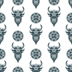 Viking shields and warrior head in a helmet. Seamless pattern.  Hand drawn celtic engraving vector illustration for background, textile and wrapping paper