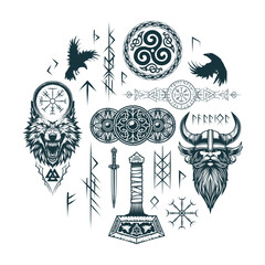 Viking runes and symbols. Hand drawn isolated set of pagan norse sign vegvisir, fenrir, triskele, viking head in a helmet, shields and swords, Thor’s hammer, ravens. Scandinavian vector illustration