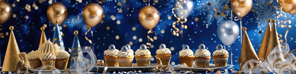 A cascade of shimmering gold and silver ribbons elegantly framing a table filled with delicately frosted cupcakes and festive party hats, against a backdrop of rich royal blue.