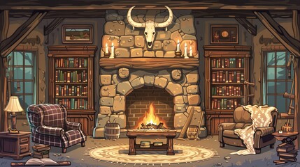 Animated western living room with horns and candles, couch, armchair, table, floor lamp, bookshelf, and cow hide rug. - obrazy, fototapety, plakaty