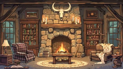 Foto op Plexiglas Animated western living room with horns and candles, couch, armchair, table, floor lamp, bookshelf, and cow hide rug. © Mark