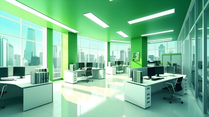 1. A modern office space with white desks, green walls, and large windows.

