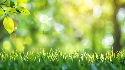 Fototapeta na wymiar Spring background with green grass and sun light bokeh, copy space for text