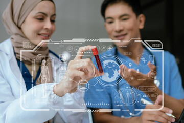 Medical team working on digital tablet healthcare doctor technology tablet using computer analyzed...
