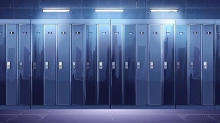 Modern realistic interior with individual metal cabinets with closed doors in a gym or a school corridor. Security storage in a public room.