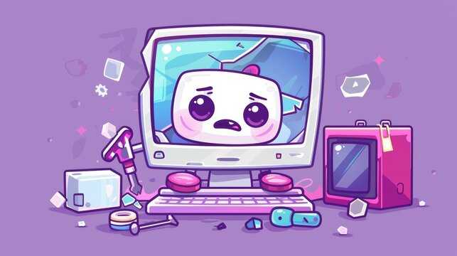 Isolated purple background with cute cartoon character repairing a PC with broken screen, arm, protective glasses, and screwdriver. Modern cartoon mascot for electronic device repairment service.