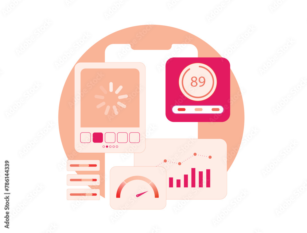 Fototapete Website performance optimization icon. Web page speed tools for improved SEO metrics. Web browser with speedometer indicator shows improving website performance, user experience score and SEO ranking