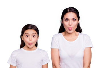 Close up photo beautiful two people brown haired mom little daughter friends look silly eyes opened tongue out of mouth playing fooling around wear white t-shirts isolated bright blue background