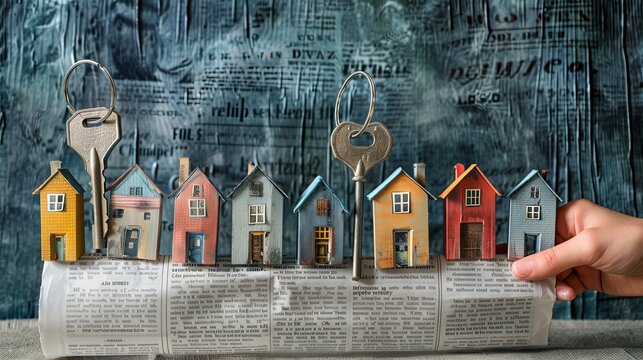 On a scratched background, an open newspaper shows paper houses surrounded by keys.