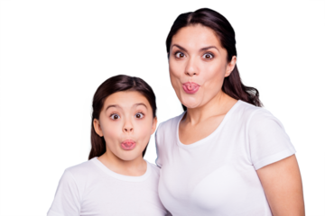 Close up photo beautiful two people brown haired mom little daughter friends look silly eyes opened tongue out of mouth straw shape figure playing wear white t-shirts isolated bright blue background