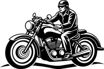 A logo of a man riding a classic Harley Davidson motorbike, low angle view, helmet, black and white