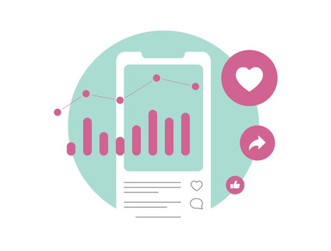 Track social media metrics and smm marketing statistics. Social media engagement metrics - like, shares, comments, follower growth. Metrics for social media ROI, audience growth metrics illustration