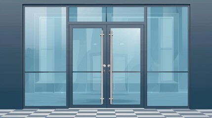 Modern realistic mockup of closed double glass doors with metal frame and handles. Glass entrance at a store, mall or office.