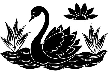Black and white beautiful view of swan playing water in pond, lotus, sunrise, rim lighting  vector silhouette on white background