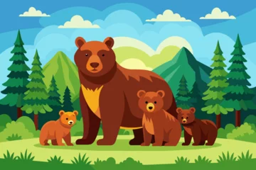 Foto op Aluminium Brown bear, ursus arctos, mother with two cubs on green meadow with copy space. Wide panoramic banner of wild mammal with her lovely offsprings. Animal wildlife in summer nature © Chayon Sarker
