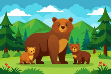 Foto op Aluminium Brown bear, ursus arctos, mother with two cubs on green meadow with copy space. Wide panoramic banner of wild mammal with her lovely offsprings. Animal wildlife in summer nature © Chayon Sarker