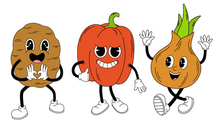 Groovy vegetables set. Hand draw Funny Retro vintage trendy style vegetables cartoon character. Potatoes, peppers, onions. Vector doodle comic collection