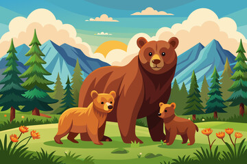 Obraz na płótnie Canvas Brown bear, ursus arctos, mother with two cubs on green meadow with copy space. Wide panoramic banner of wild mammal with her lovely offsprings. Animal wildlife in summer nature