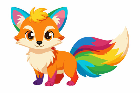 Very cute baby fox, rainbow fur, full body, plain white background