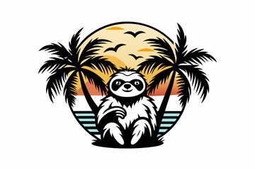 Vector t-shirt design, vector art with black outlines, a cute sloth with palm trees and a sunset, with a small beach in reflection illustration, white background, clipart