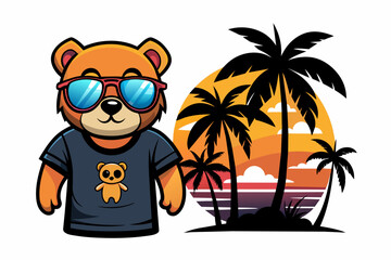 Vector t-shirt design, vector art with black outlines, a cute teddy bear with sunglasses and with palm trees and a sunset, with a small beach in reflection illustration, white background, clipart