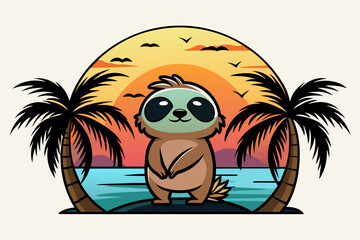 Vector t-shirt design, vector art with black outlines, a cute sloth with palm trees and a sunset, with a small beach in reflection illustration, white background, clipart