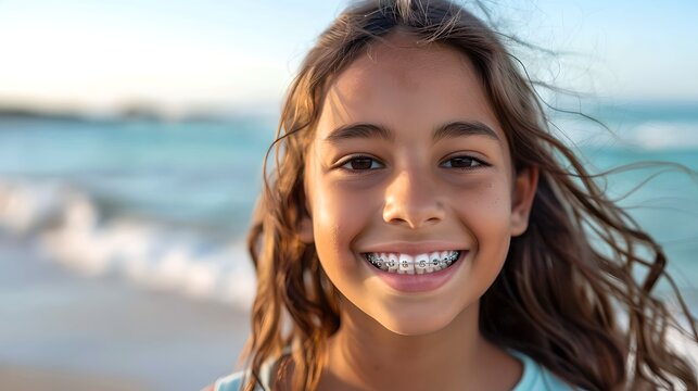 Happy young girl smiling at the beach, radiating joy and youth. A sunny day by the sea, perfect for family vacations and summer fun. Casual outdoor portrait, carefree childhood. AI