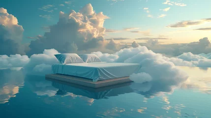 Foto op Plexiglas Serene Dreamscape with Luxury Bed Floating Amidst Clouds and Reflective Water. © Anna