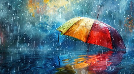 Color umbrella in sky on rain - obrazy, fototapety, plakaty