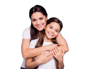 Close up photo amazing pretty two people brown haired mum mom small little daughter stand hugging piggy back lovely free time rejoice wearing white t-shirts isolated on bright blue background - obrazy, fototapety, plakaty