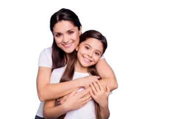 Fototapeten Close up photo amazing pretty two people brown haired mum mom small little daughter stand hugging piggy back lovely free time rejoice wearing white t-shirts isolated on bright blue background © deagreez