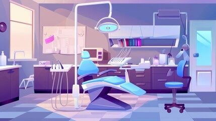 A cartoon modern illustration of a dentist office, dental clinic practice room interior set, a stomatology cabinet, an orthodontics office with modern chairs with integrated engines, and a surgical