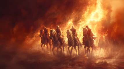 Fototapeta premium An illustration depicting the four horsemen of the apocalypse from the Book of Revelation, symbolizing chaos and destruction in the last days.